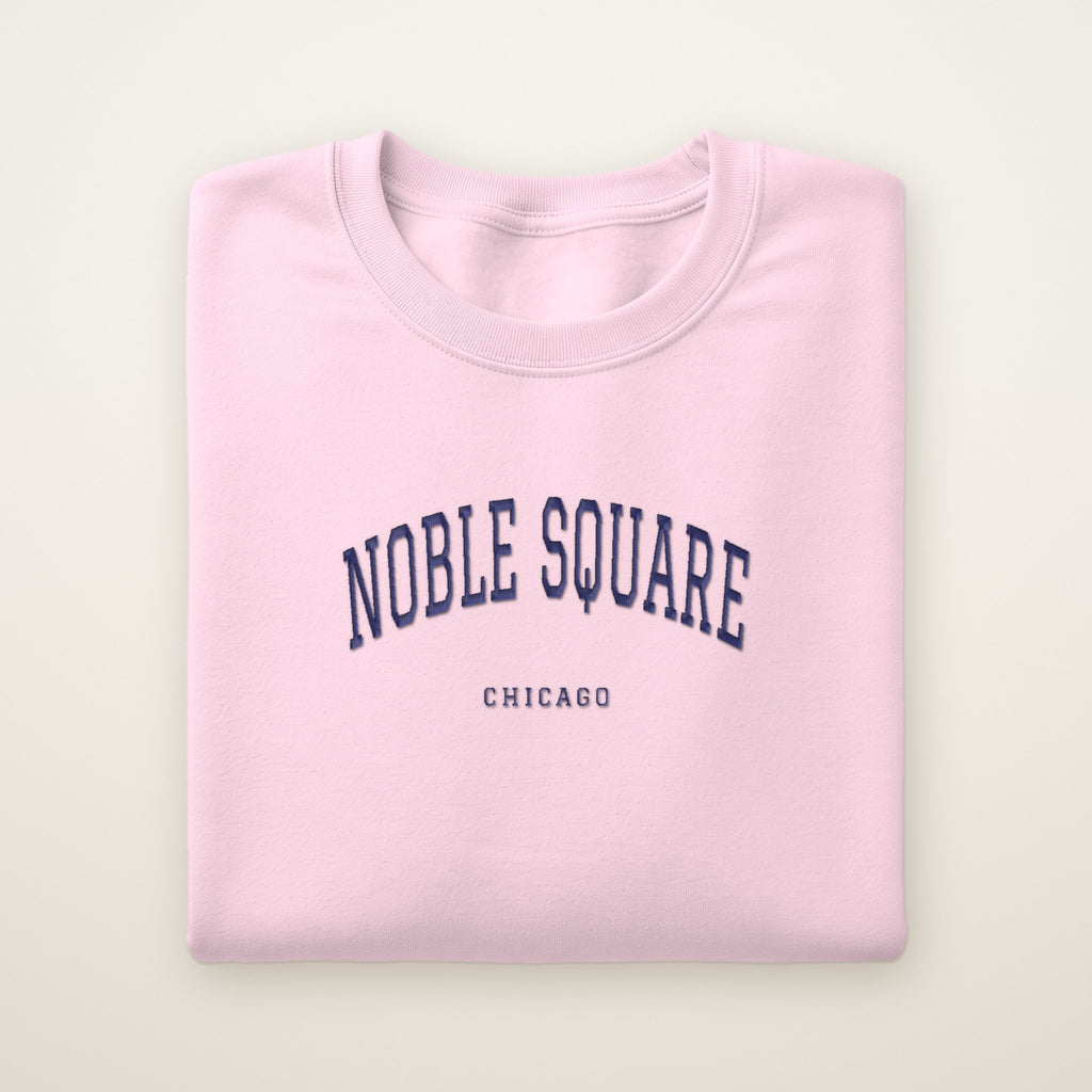 Noble Square Chicago Embroidered Crewneck — Navy Thread on Light Pink