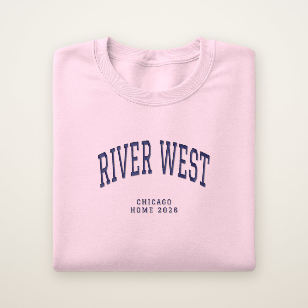 River West Chicago Home 2026 Embroidered Crewneck — Navy Thread on Light Pink