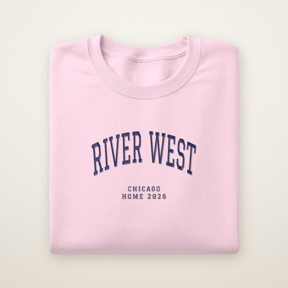 River West Chicago Home 2026 Embroidered Crewneck — Navy Thread on Light Pink