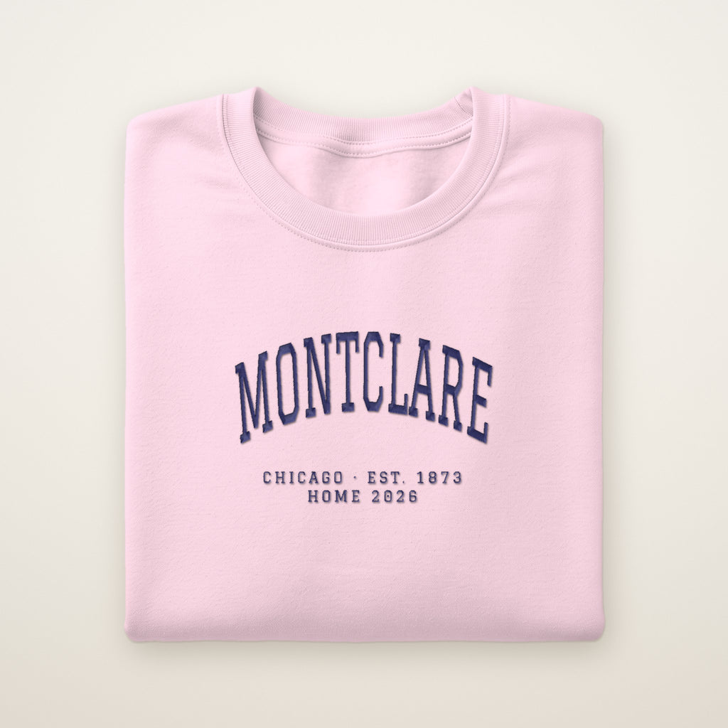 Montclare Chicago Home 2026 Embroidered Crewneck — Navy Thread on Light Pink