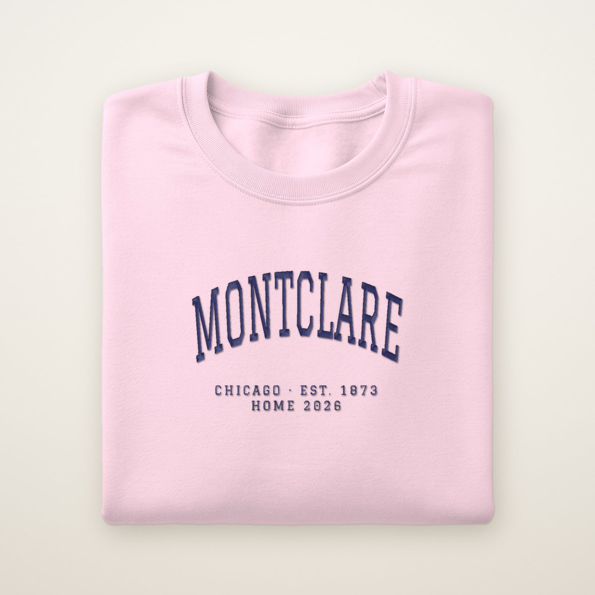 Montclare Chicago Home 2026 Embroidered Crewneck — Navy Thread on Light Pink