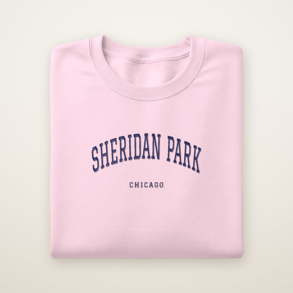 Sheridan Park Chicago Embroidered Crewneck — Navy Thread on Light Pink