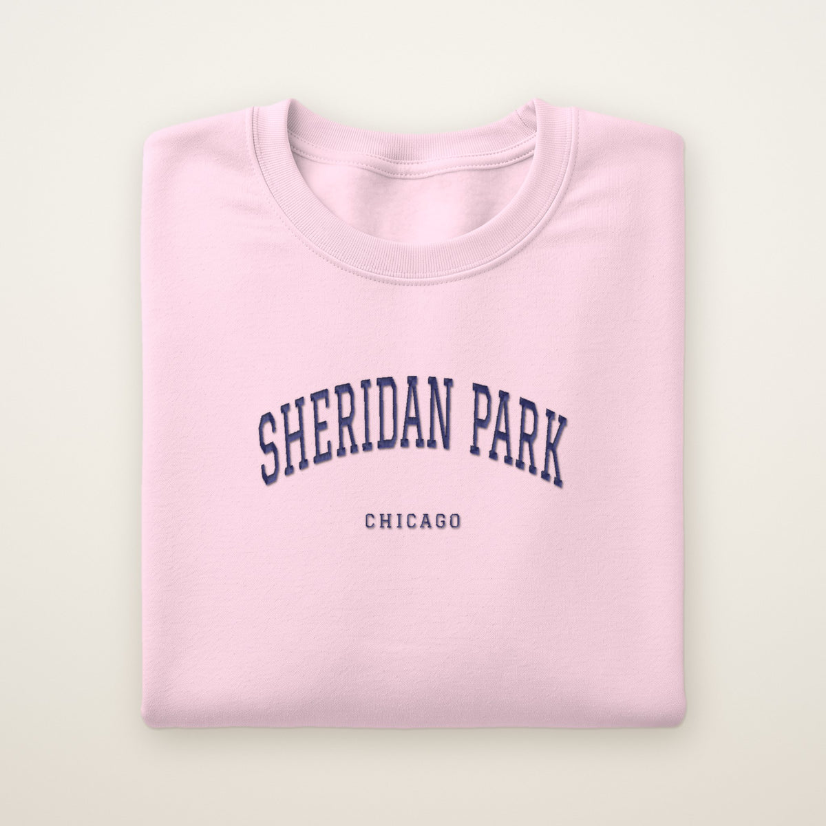 Sheridan Park Chicago Embroidered Crewneck — Navy Thread on Light Pink