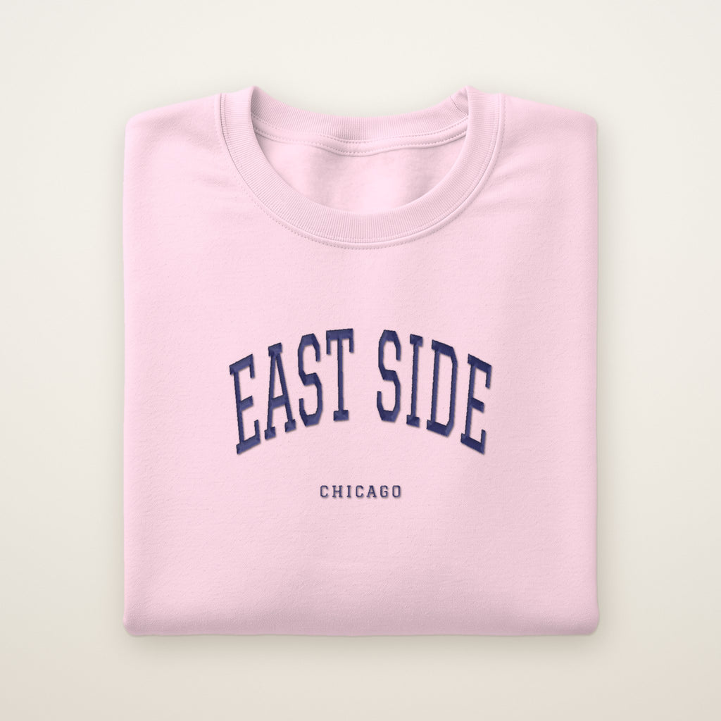 East Side Chicago Embroidered Crewneck — Navy Thread on Light Pink