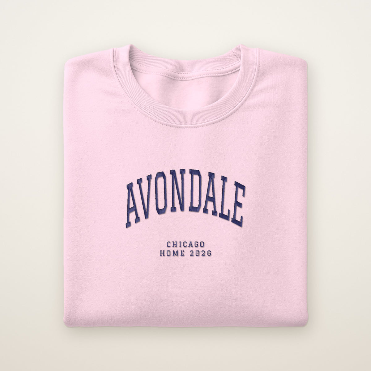 Avondale Chicago Home 2026 Embroidered Crewneck — Navy Thread on Light Pink