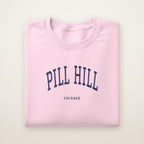 Pill Hill Chicago Embroidered Crewneck — Navy Thread on Light Pink