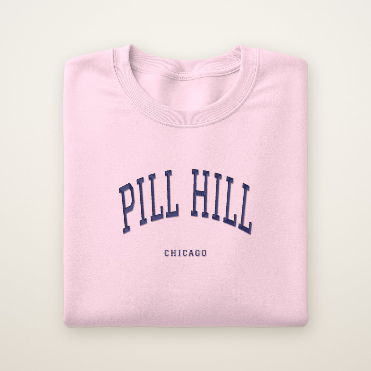 Pill Hill Chicago Embroidered Crewneck — Navy Thread on Light Pink