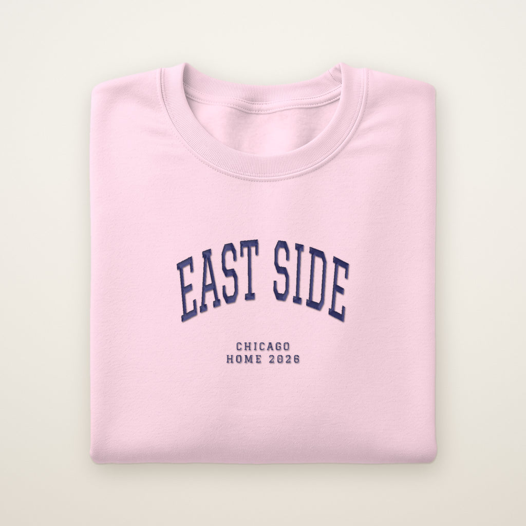 East Side Chicago Home 2026 Embroidered Crewneck — Navy Thread on Light Pink
