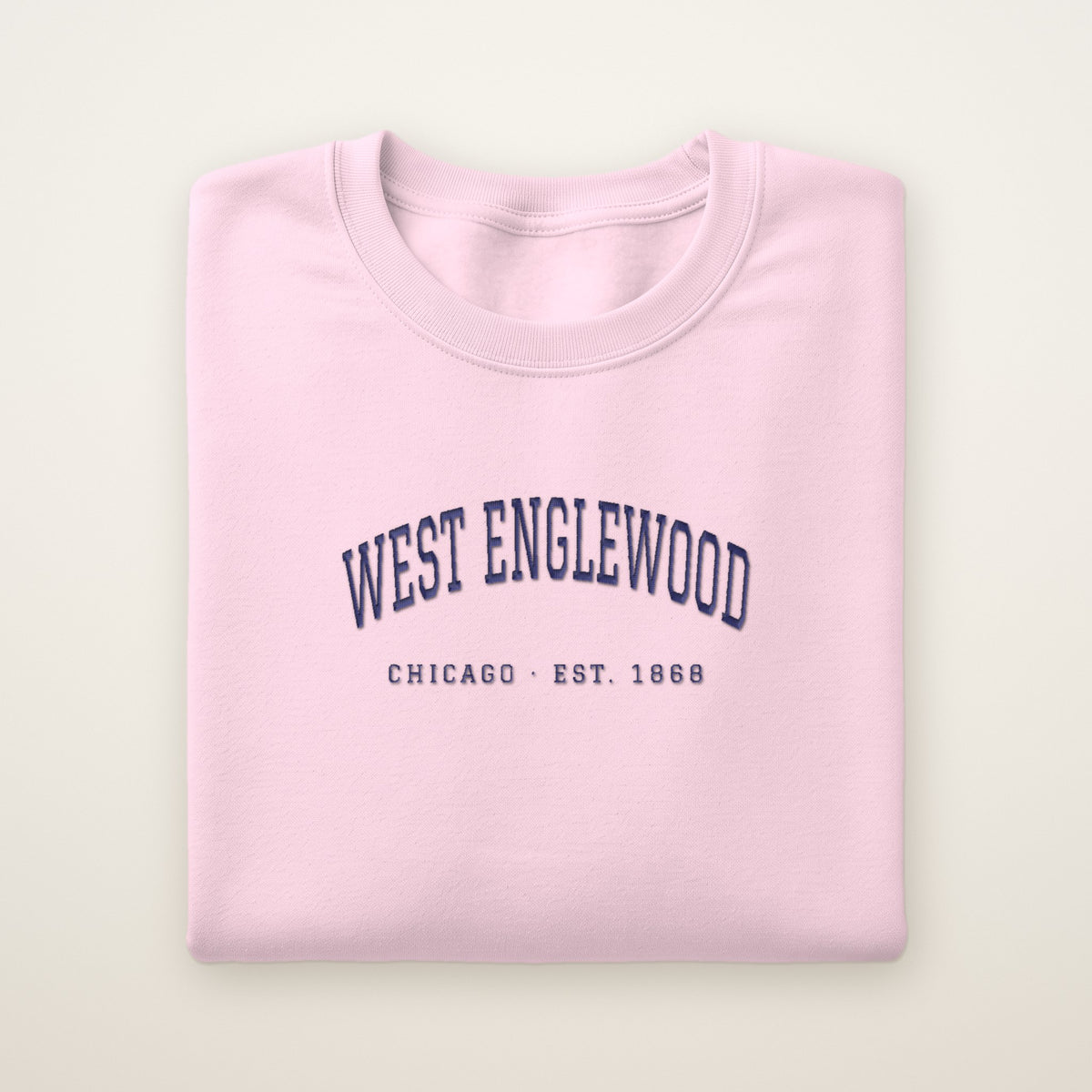 West Englewood Chicago Embroidered Crewneck — Navy Thread on Light Pink