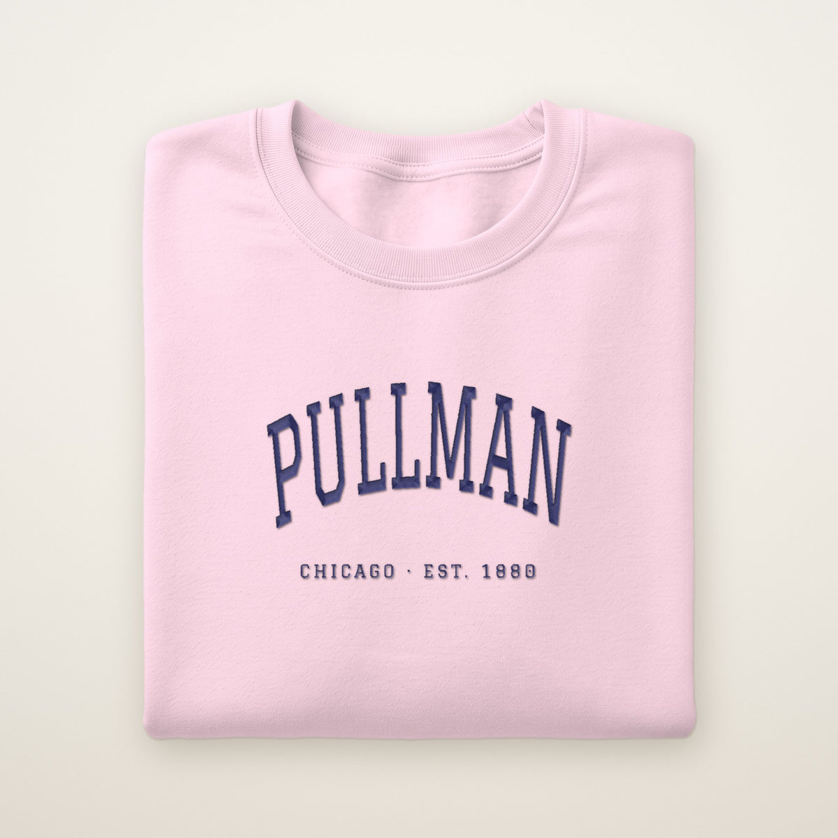 Pullman Chicago Embroidered Crewneck — Navy Thread on Light Pink