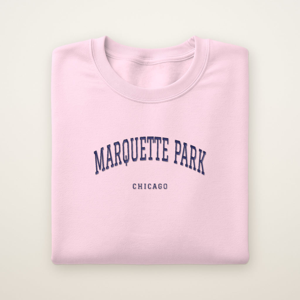 Marquette Park Chicago Embroidered Crewneck — Navy Thread on Light Pink