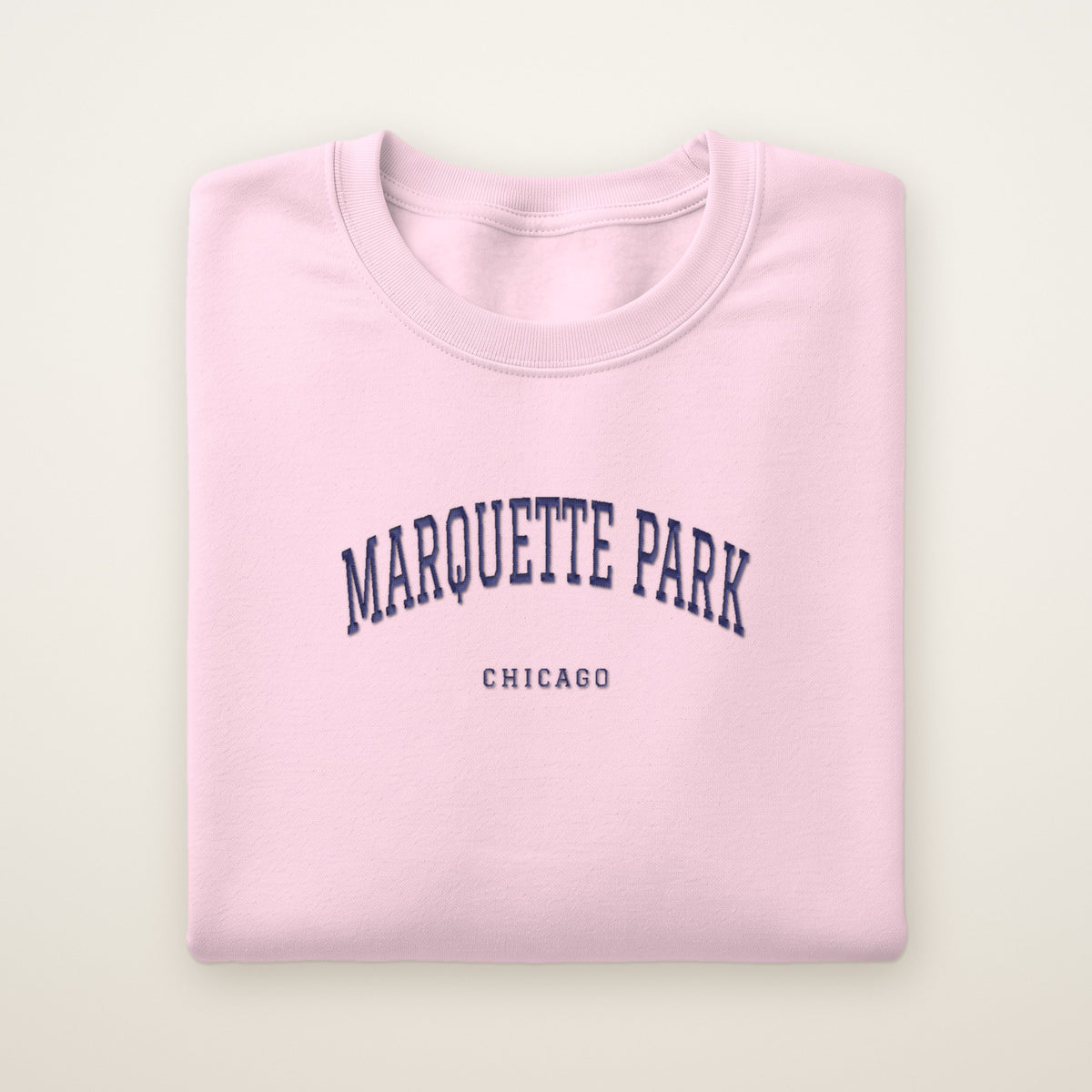Marquette Park Chicago Embroidered Crewneck — Navy Thread on Light Pink