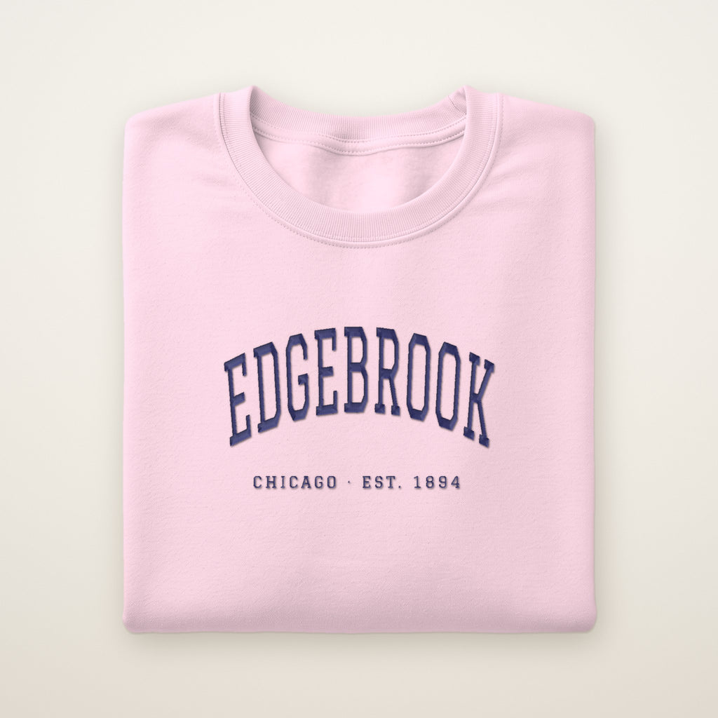 Edgebrook Chicago Embroidered Crewneck — Navy Thread on Light Pink