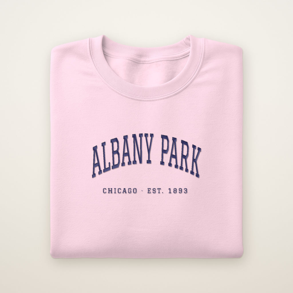 Albany Park Chicago Embroidered Crewneck — Navy Thread on Light Pink