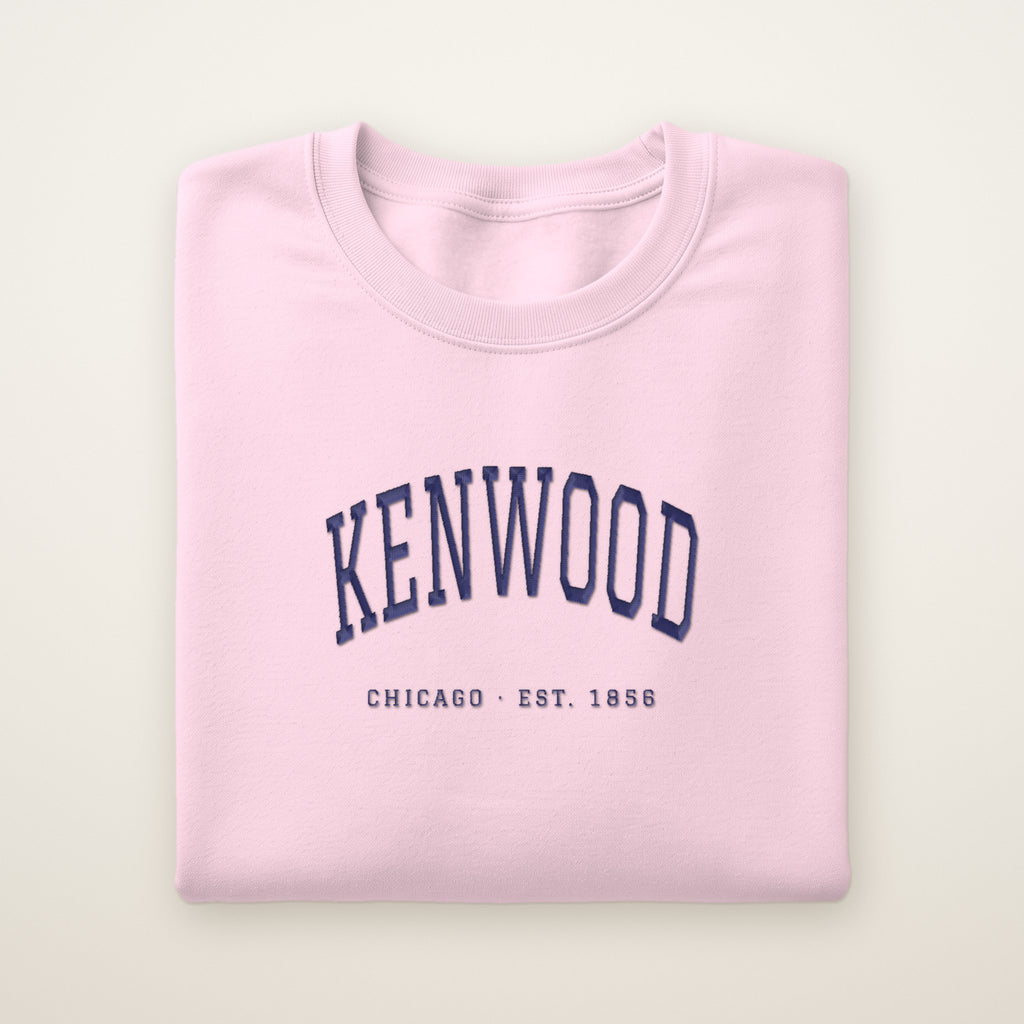 Kenwood Chicago Embroidered Crewneck — Navy Thread on Light Pink