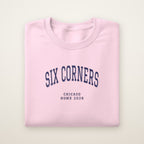Six Corners Chicago Home 2026 Embroidered Crewneck — Navy Thread on Light Pink