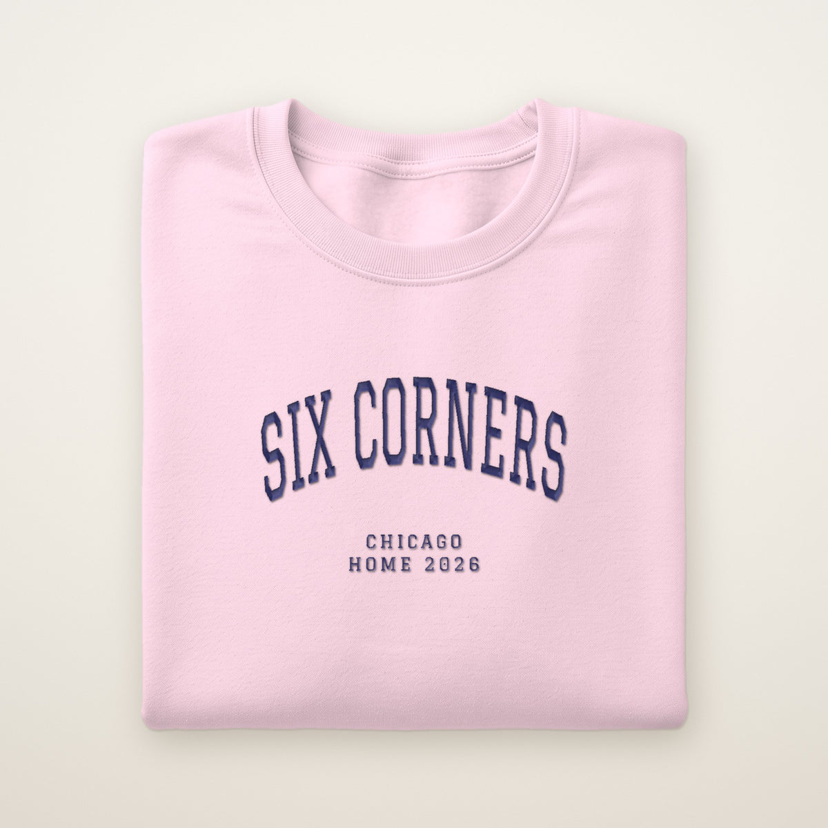 Six Corners Chicago Home 2026 Embroidered Crewneck — Navy Thread on Light Pink
