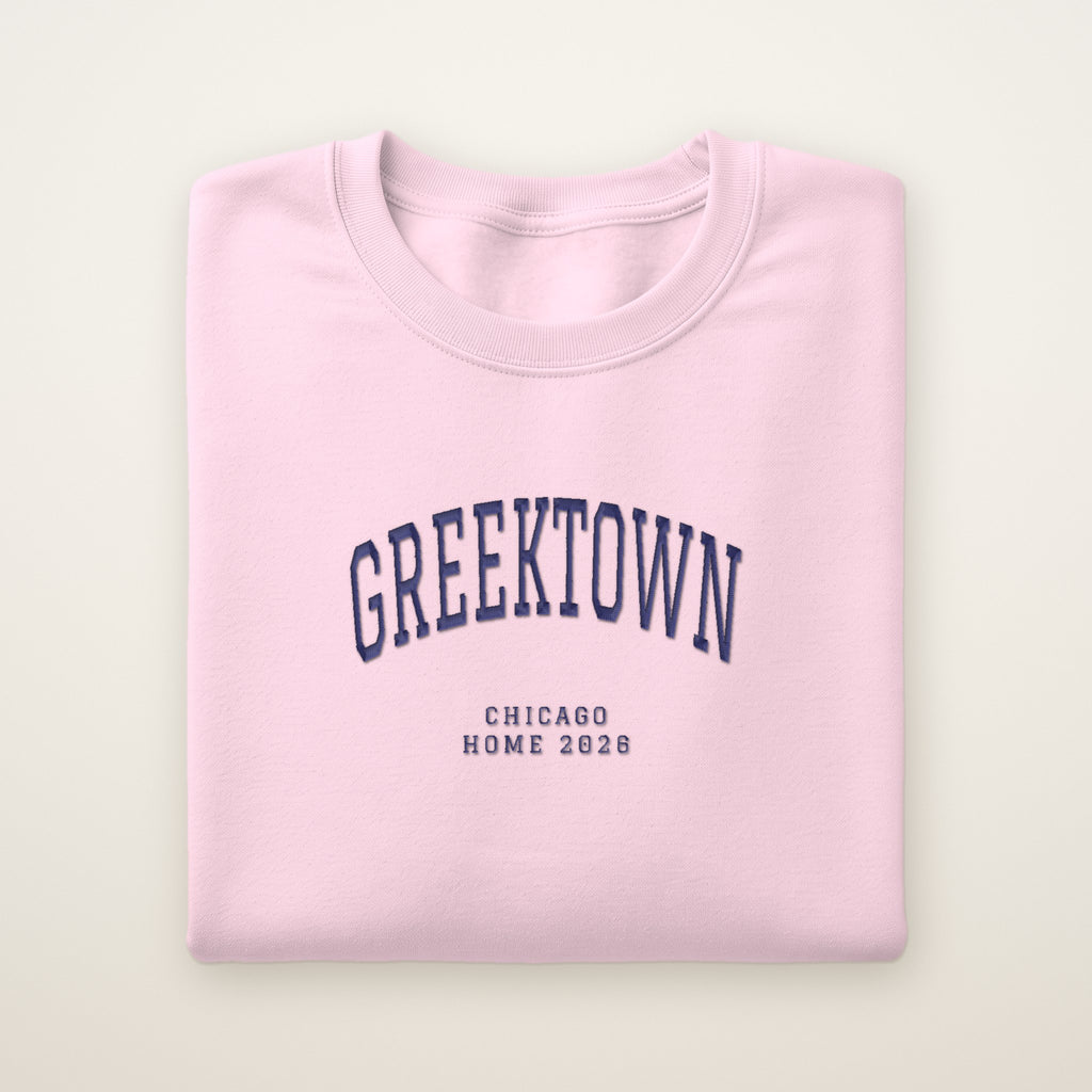 Greektown Chicago Home 2026 Embroidered Crewneck — Navy Thread on Light Pink