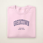 Greektown Chicago Home 2026 Embroidered Crewneck — Navy Thread on Light Pink