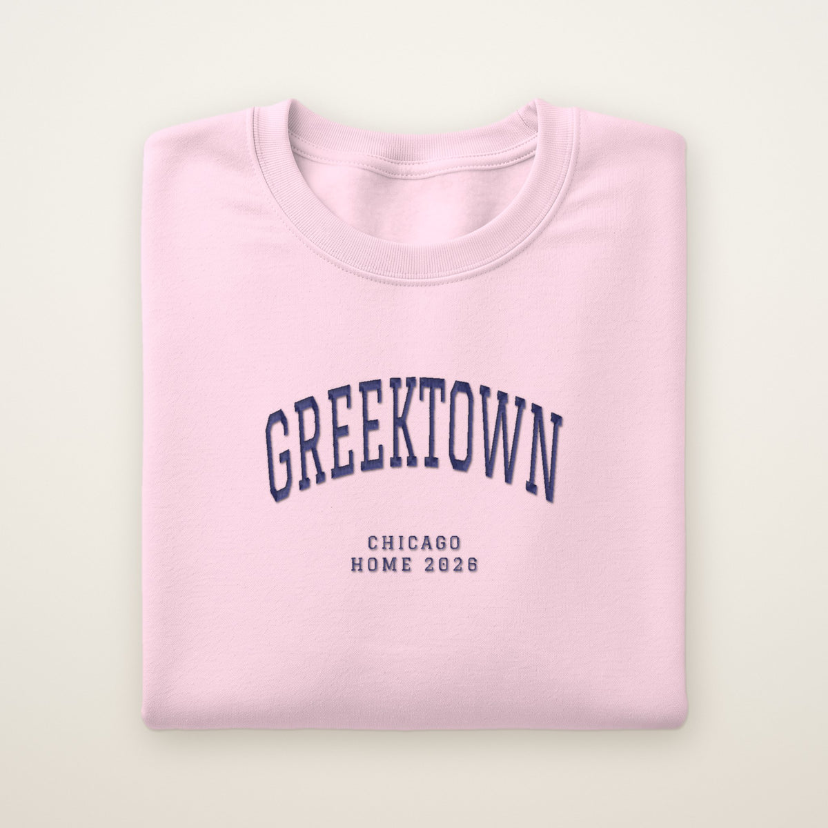 Greektown Chicago Home 2026 Embroidered Crewneck — Navy Thread on Light Pink