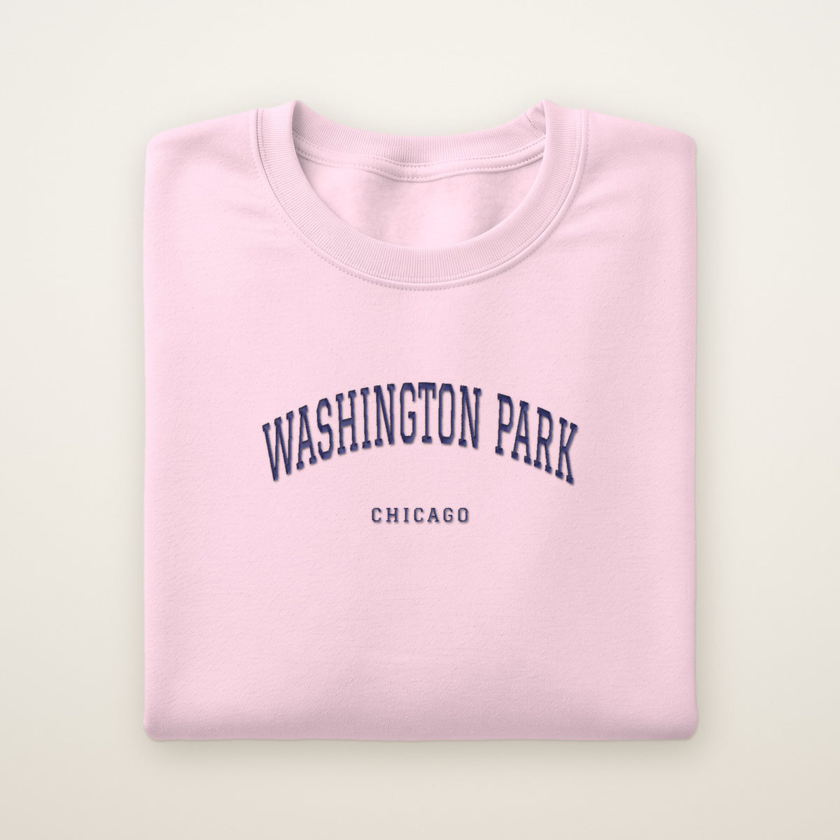 Washington Park Chicago Embroidered Crewneck — Navy Thread on Light Pink
