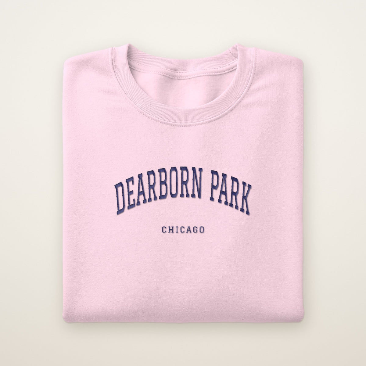 Dearborn Park Chicago Embroidered Crewneck — Navy Thread on Light Pink