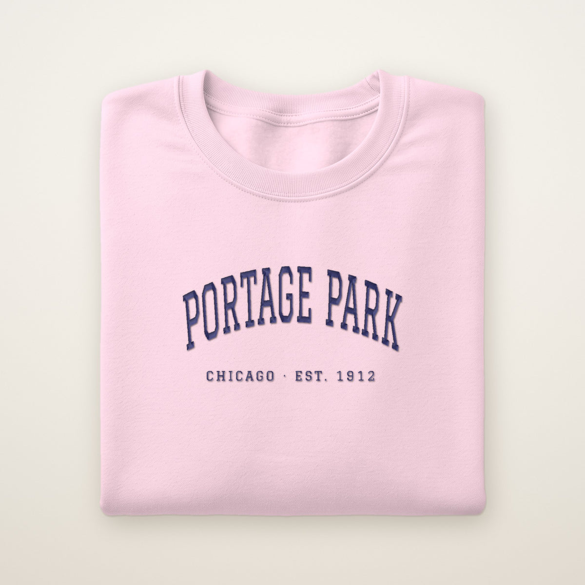 Portage Park Chicago Embroidered Crewneck — Navy Thread on Light Pink