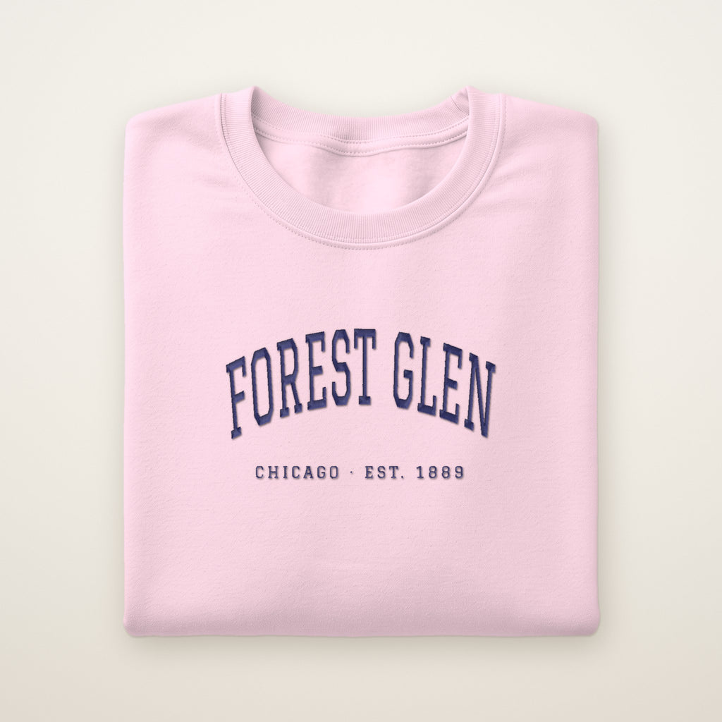 Forest Glen Chicago Embroidered Crewneck — Navy Thread on Light Pink