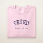 Forest Glen Chicago Embroidered Crewneck — Navy Thread on Light Pink