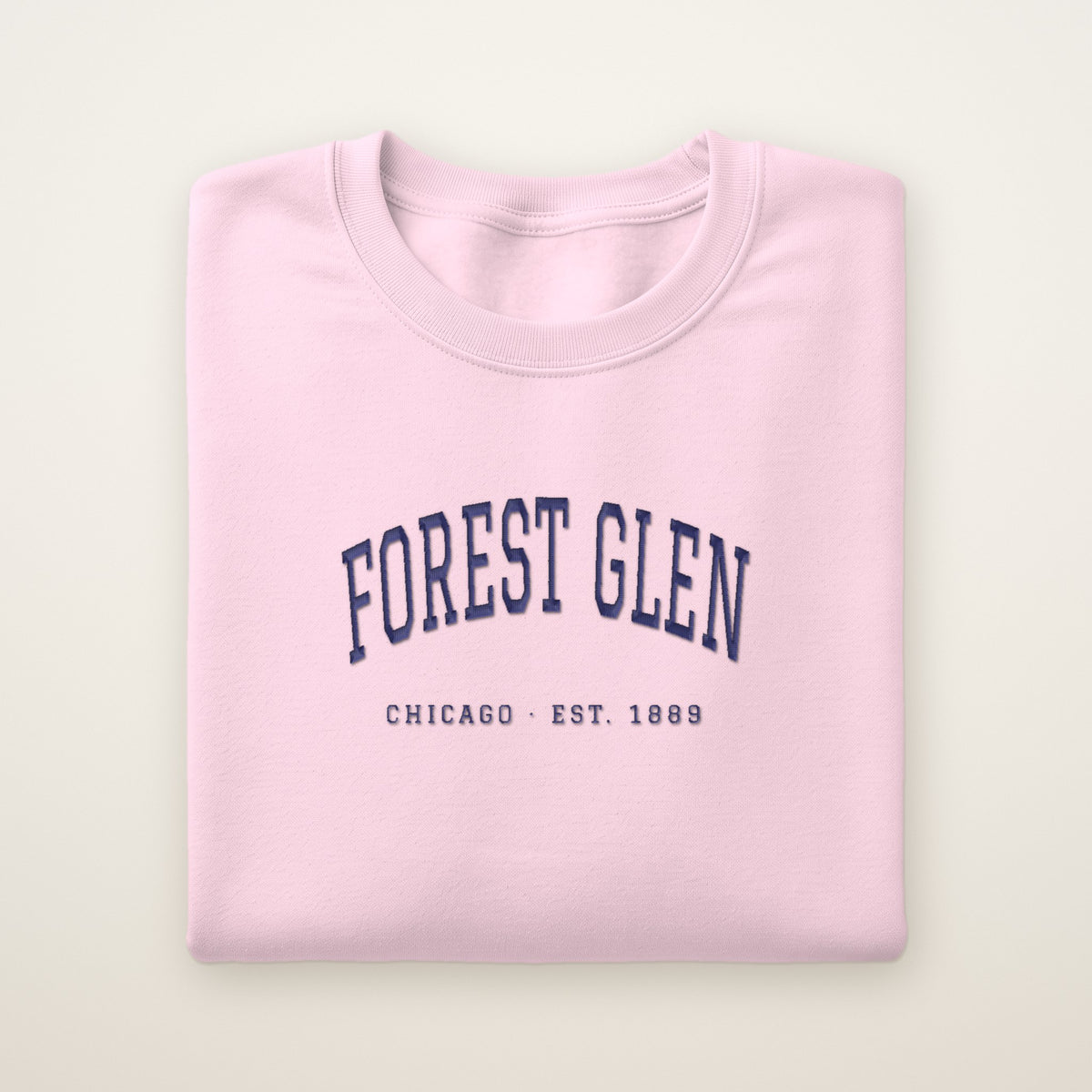 Forest Glen Chicago Embroidered Crewneck — Navy Thread on Light Pink