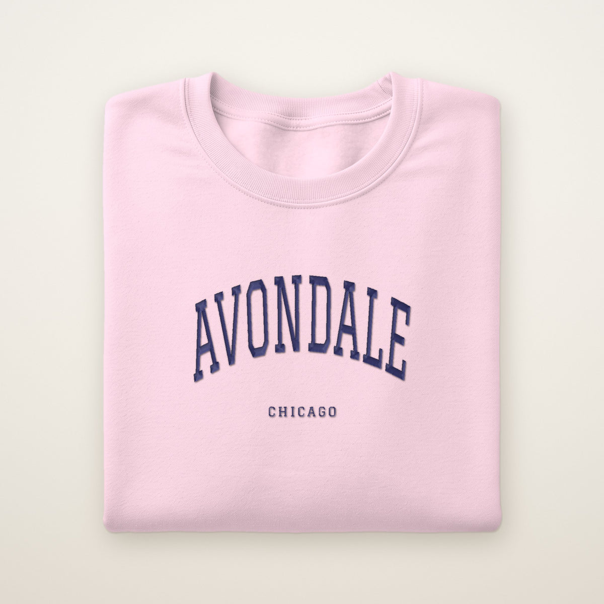Avondale Chicago Embroidered Crewneck — Navy Thread on Light Pink