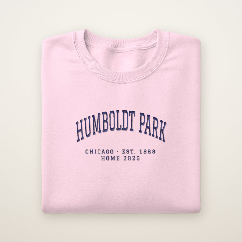 Humboldt Park Chicago Home 2026 Embroidered Crewneck — Navy Thread on Light Pink