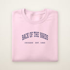 Back of the Yards Chicago Embroidered Crewneck — Navy Thread on Light Pink