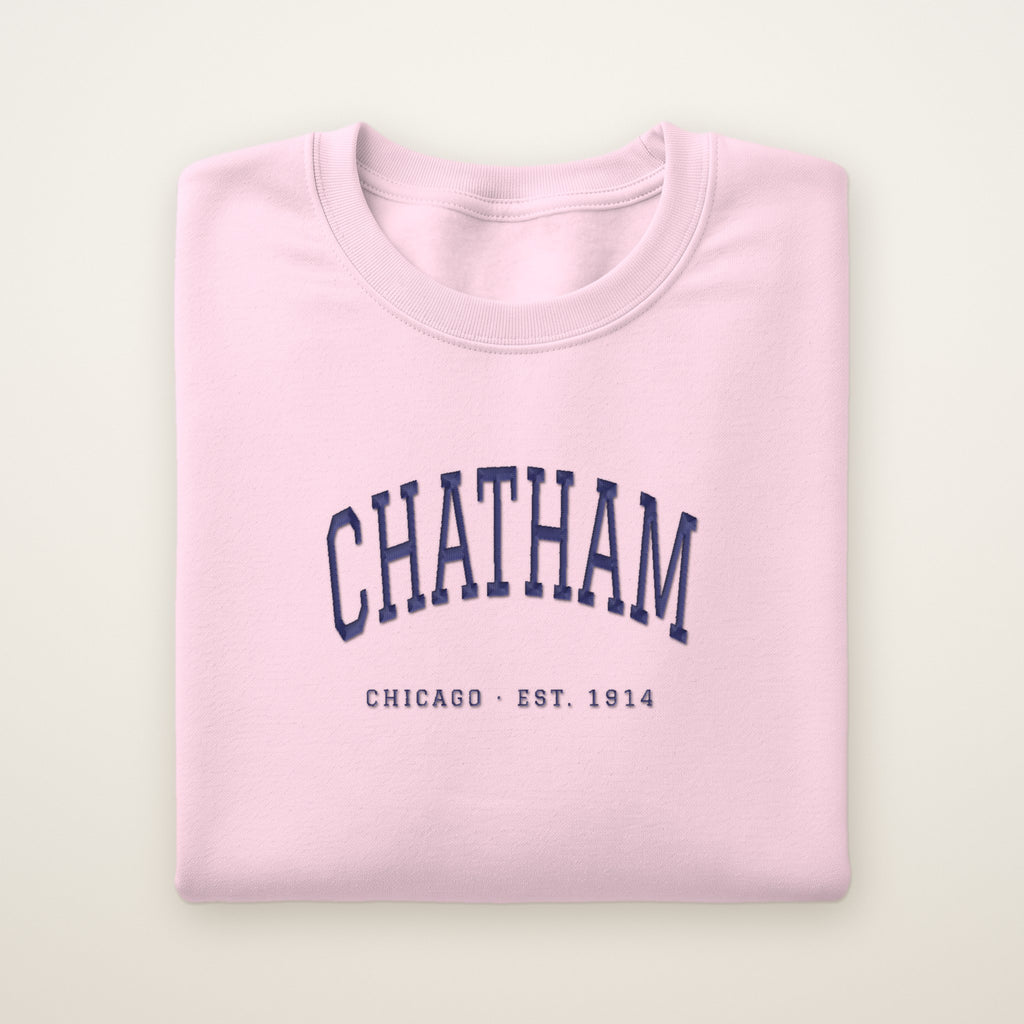 Chatham Chicago Embroidered Crewneck — Navy Thread on Light Pink