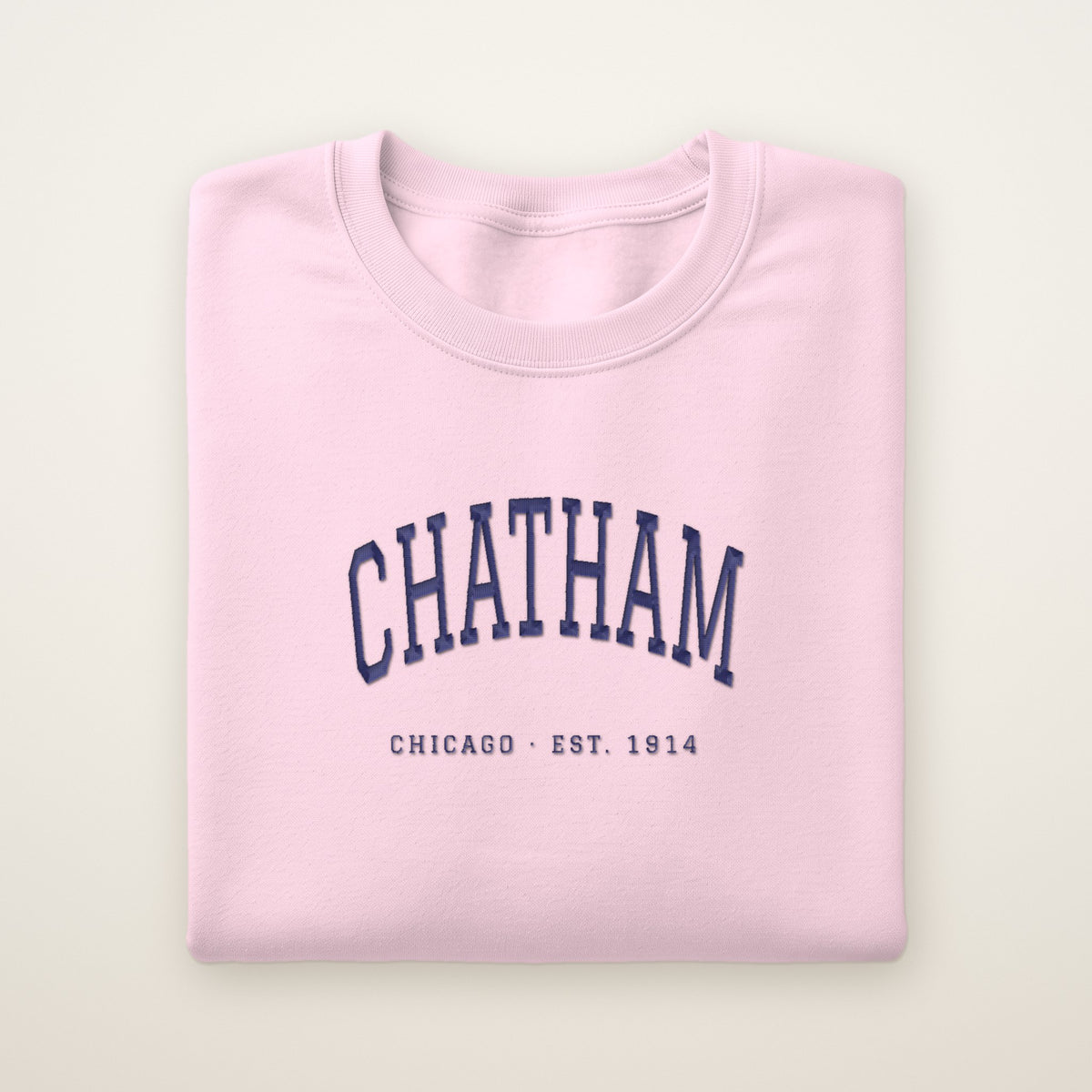 Chatham Chicago Embroidered Crewneck — Navy Thread on Light Pink