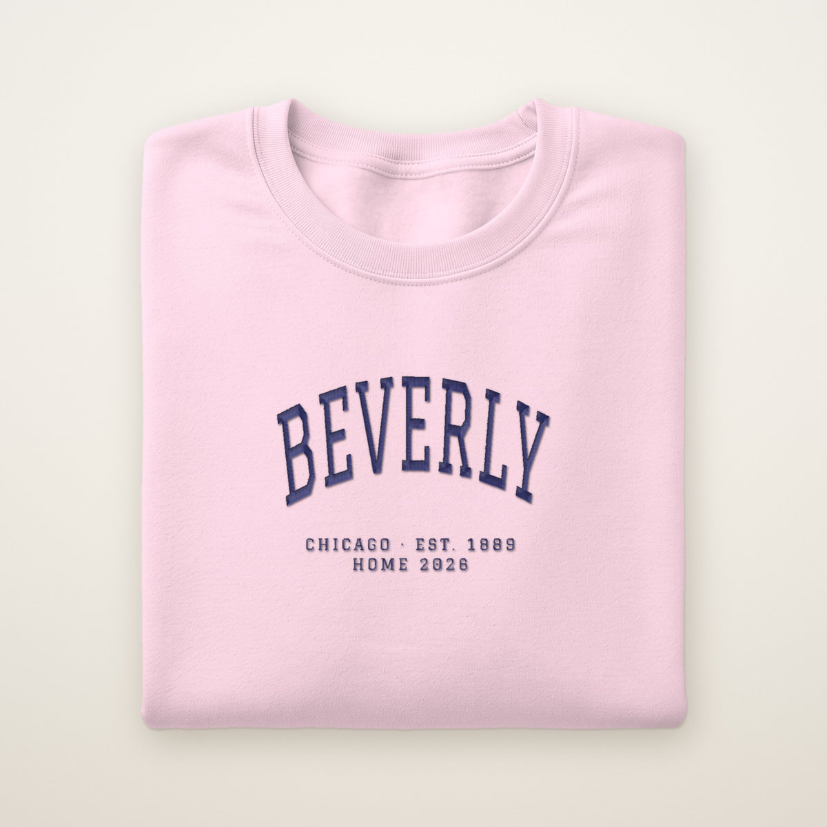 Beverly Chicago Home 2026 Embroidered Crewneck — Navy Thread on Light Pink