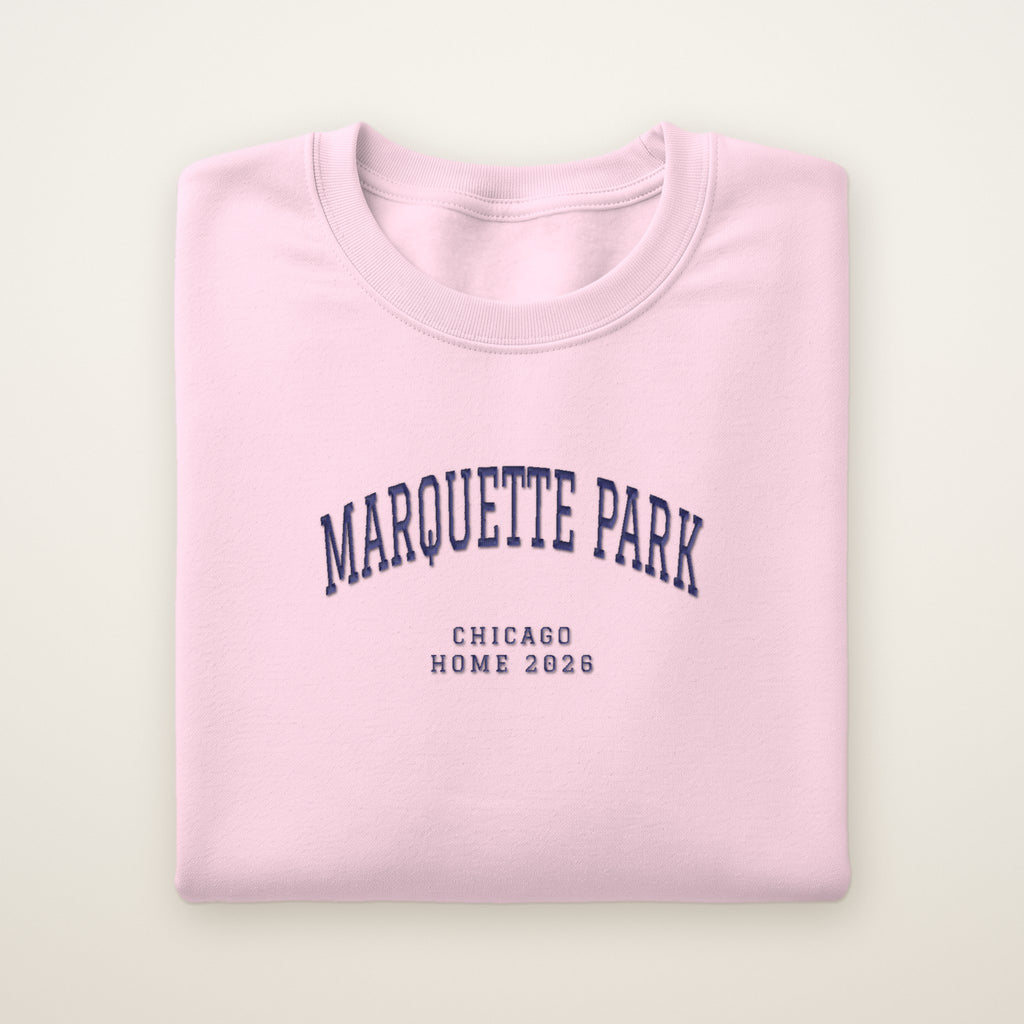 Marquette Park Chicago Home 2026 Embroidered Crewneck — Navy Thread on Light Pink