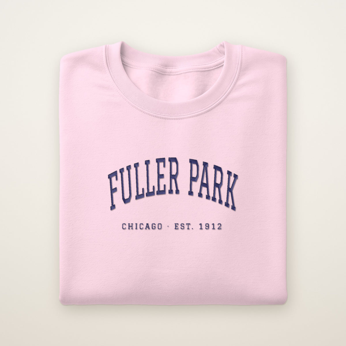 Fuller Park Chicago Embroidered Crewneck — Navy Thread on Light Pink