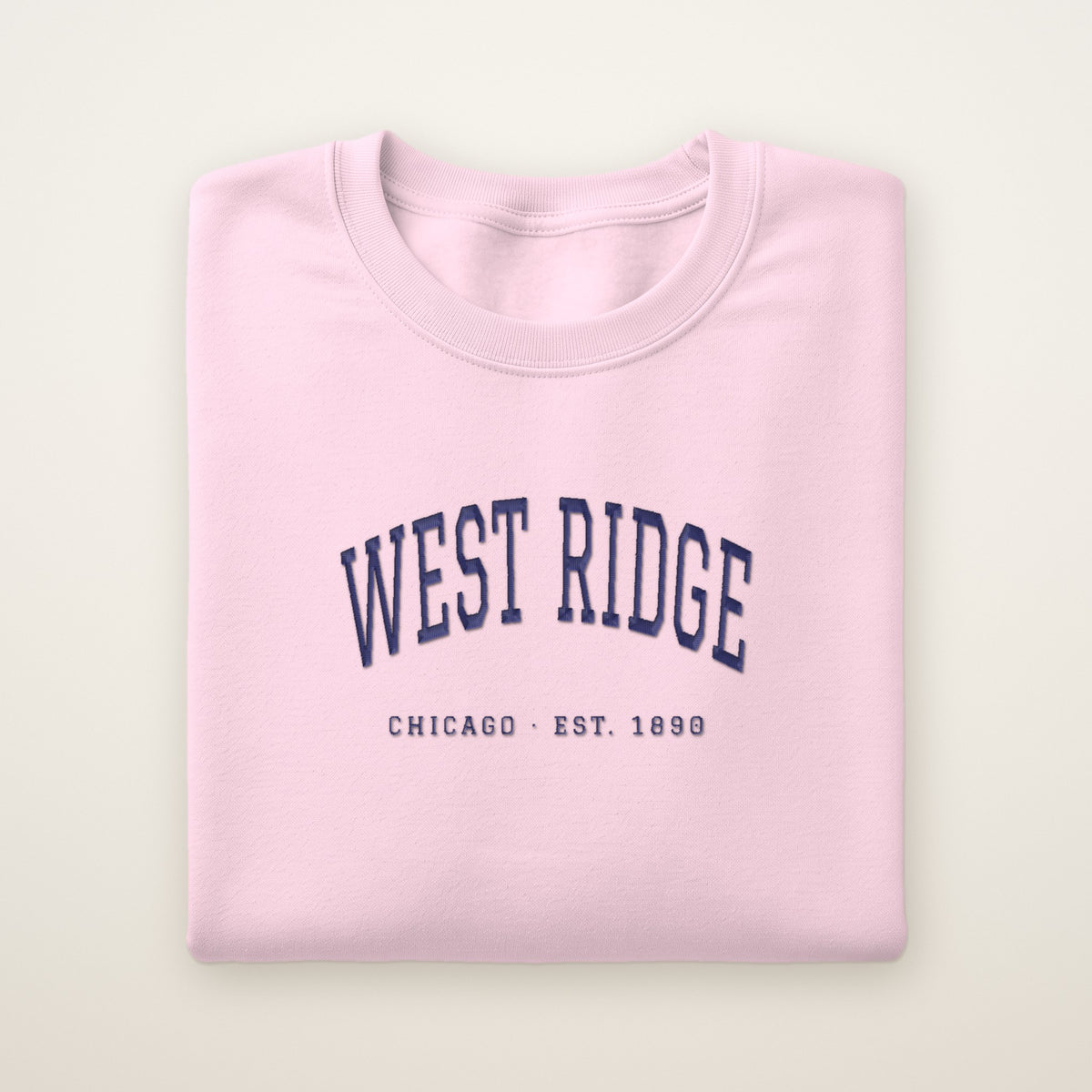 West Ridge Chicago Embroidered Crewneck — Navy Thread on Light Pink