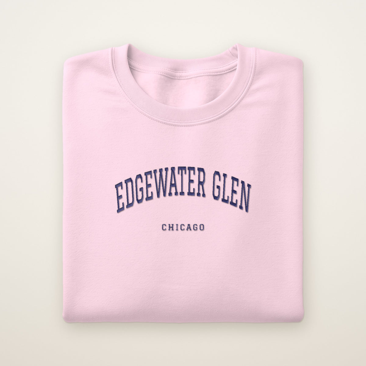 Edgewater Glen Chicago Embroidered Crewneck — Navy Thread on Light Pink