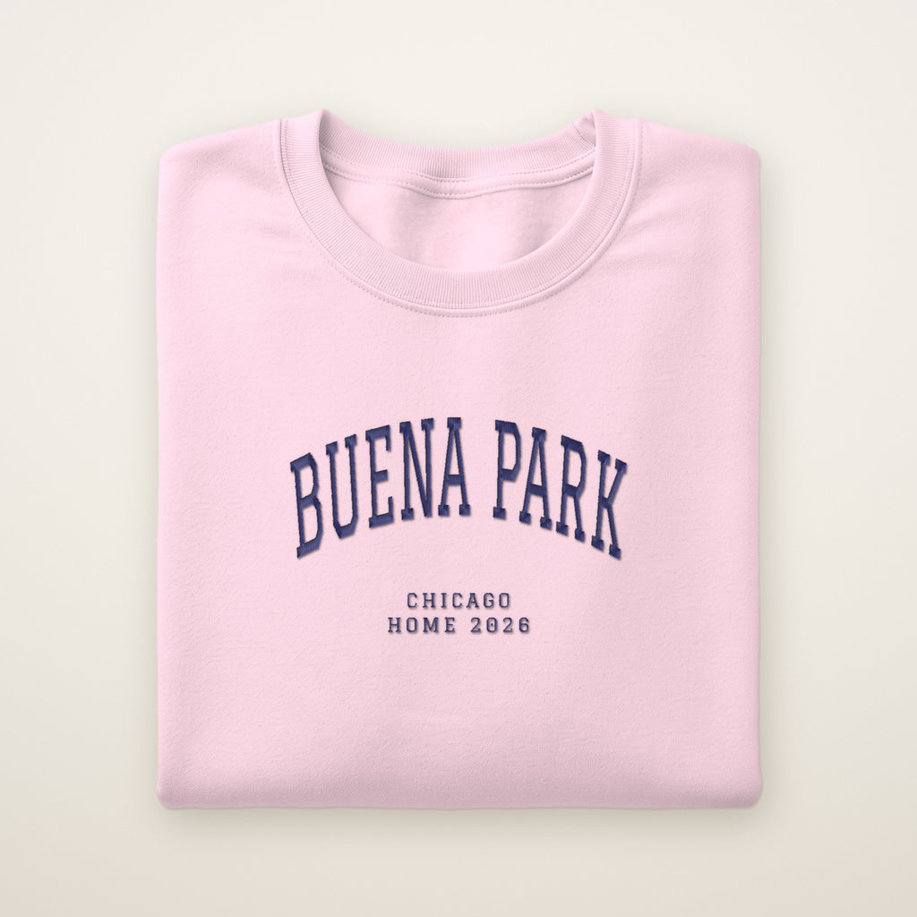 Buena Park Chicago Home 2026 Embroidered Crewneck — Navy Thread on Light Pink
