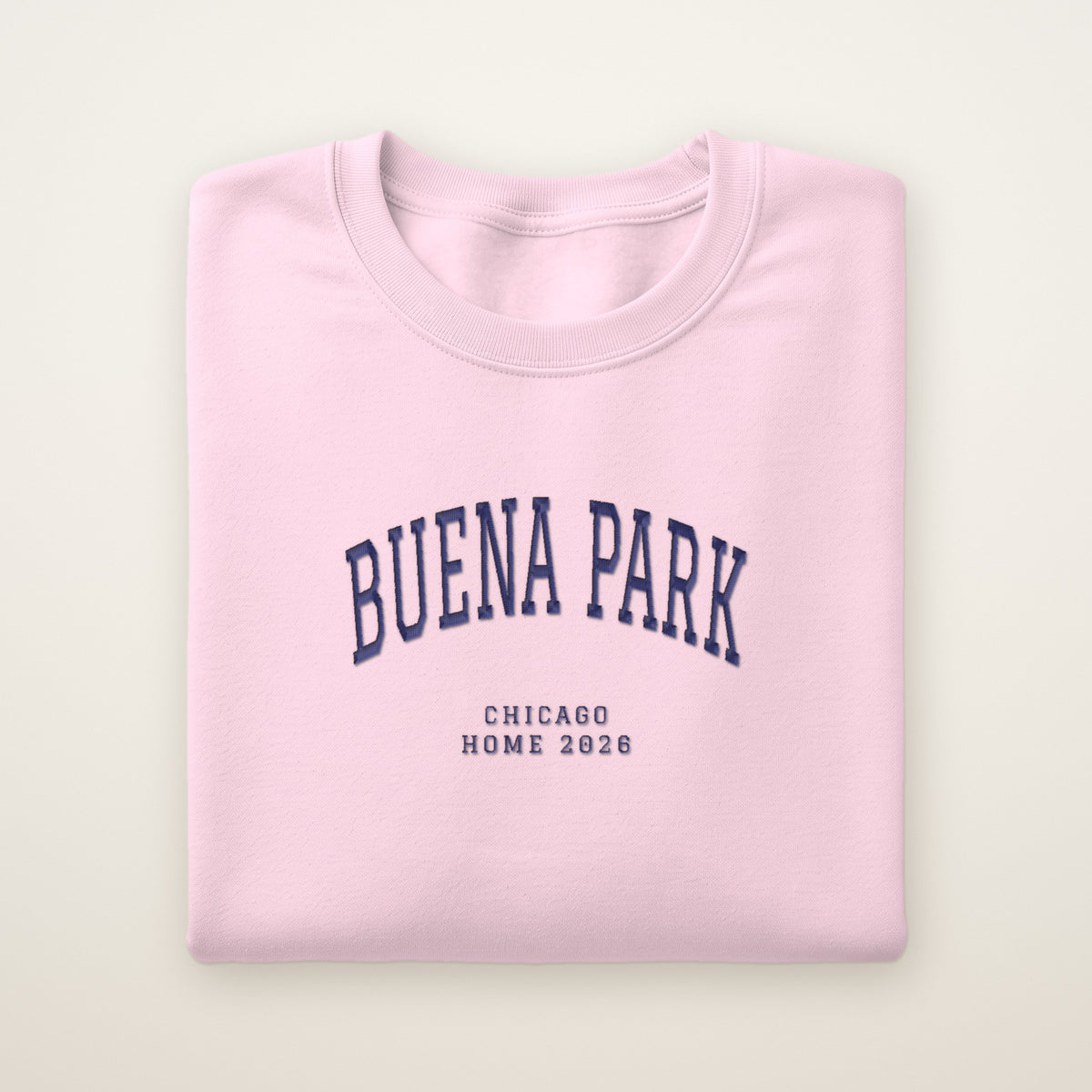Buena Park Chicago Home 2026 Embroidered Crewneck — Navy Thread on Light Pink