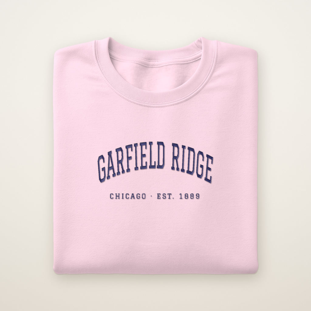 Garfield Ridge Chicago Embroidered Crewneck — Navy Thread on Light Pink