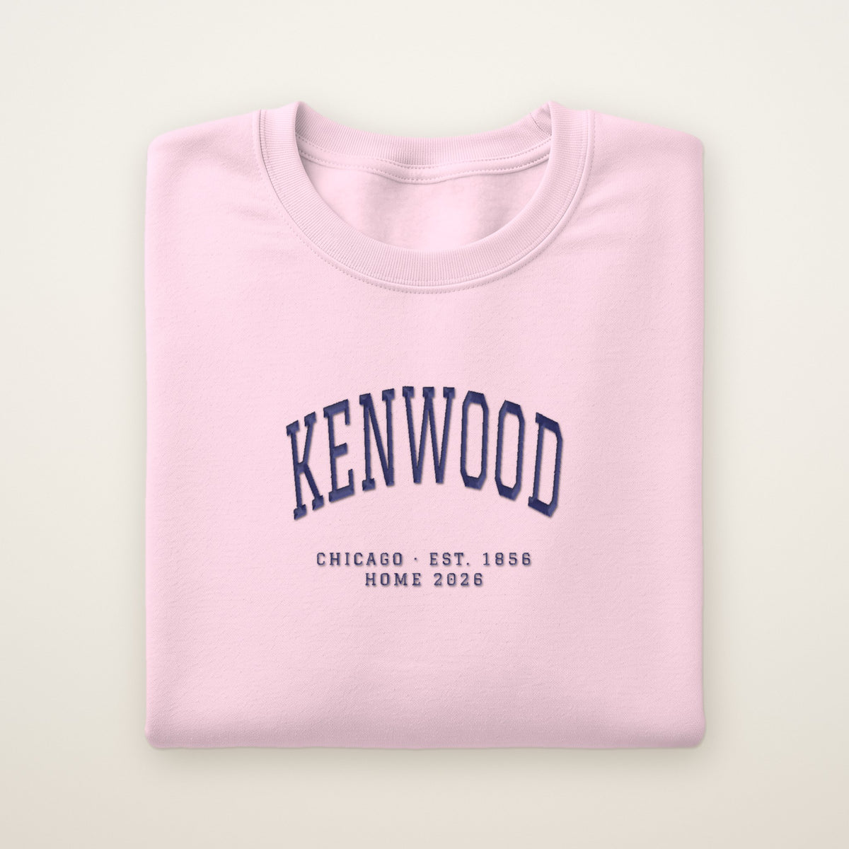 Kenwood Chicago Home 2026 Embroidered Crewneck — Navy Thread on Light Pink
