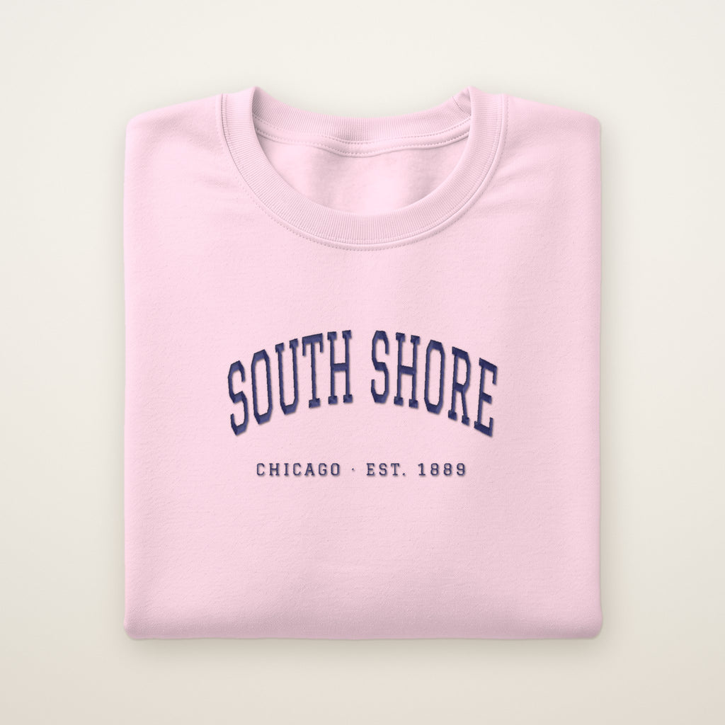 South Shore Chicago Embroidered Crewneck — Navy Thread on Light Pink