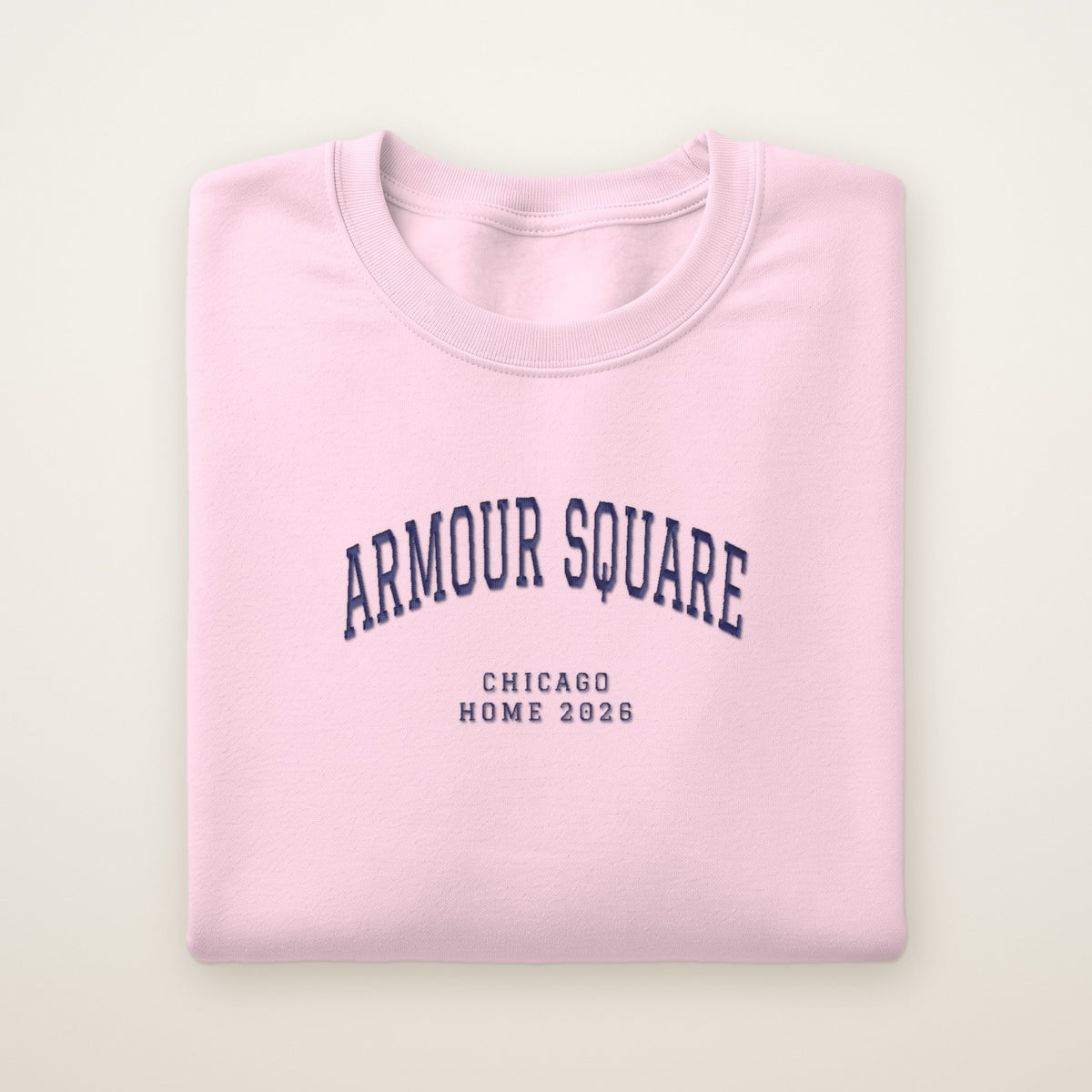 Armour Square Chicago Home 2026 Embroidered Crewneck — Navy Thread on Light Pink