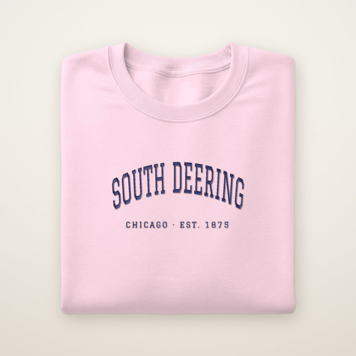 South Deering Chicago Embroidered Crewneck — Navy Thread on Light Pink