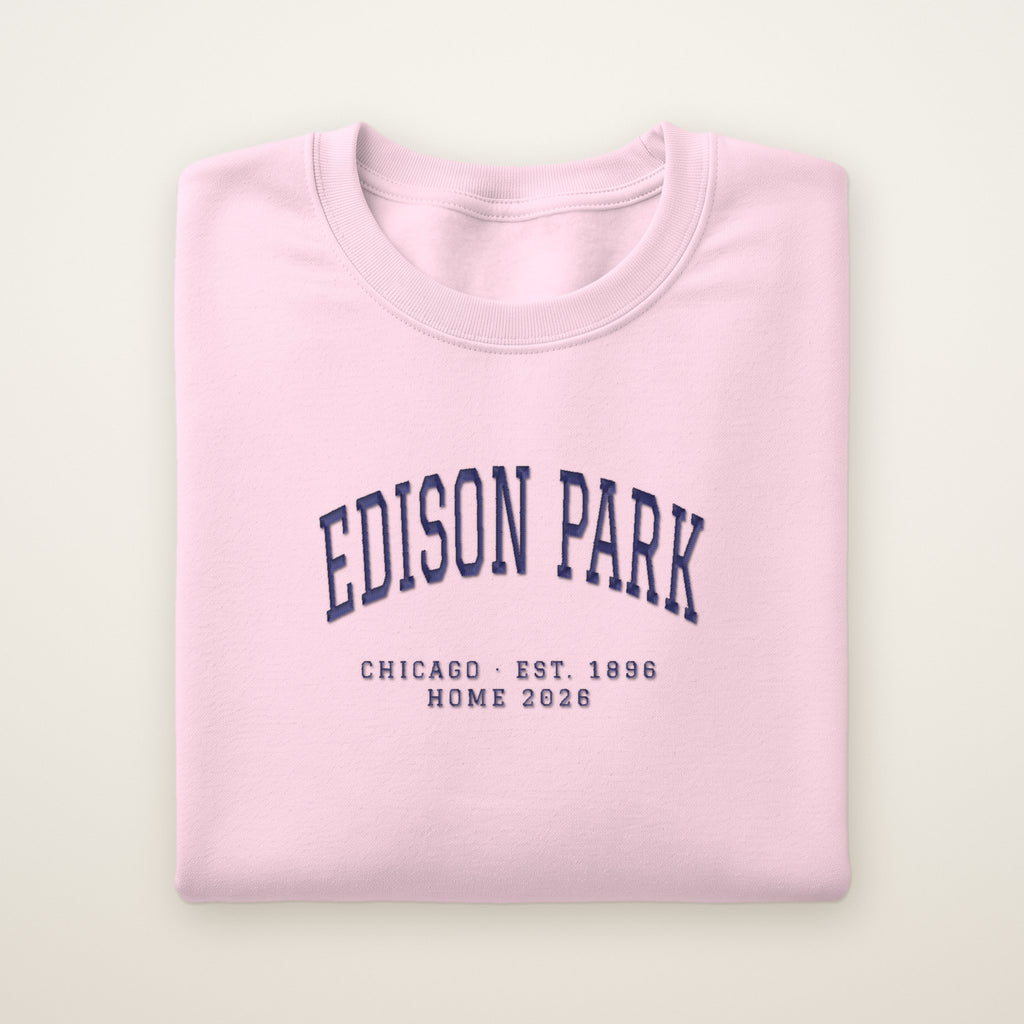 Edison Park Chicago Home 2026 Embroidered Crewneck — Navy Thread on Light Pink