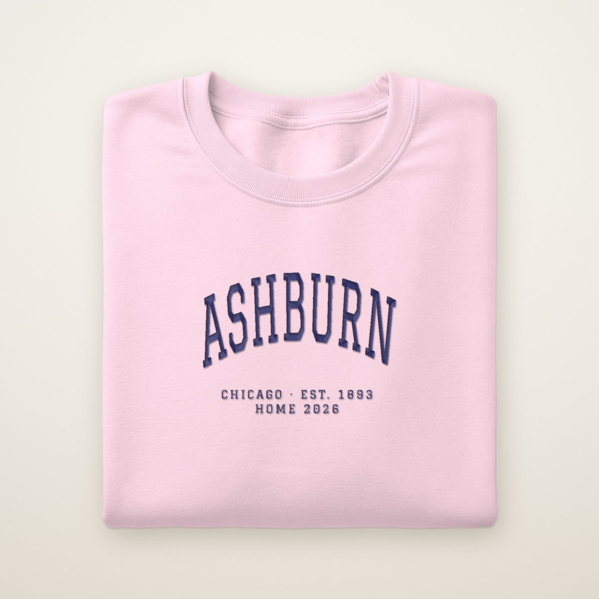 Ashburn Chicago Home 2026 Embroidered Crewneck — Navy Thread on Light Pink