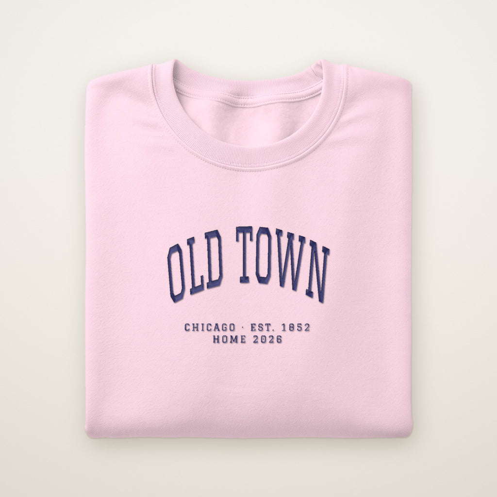 Old Town Chicago Home 2026 Embroidered Crewneck — Navy Thread on Light Pink